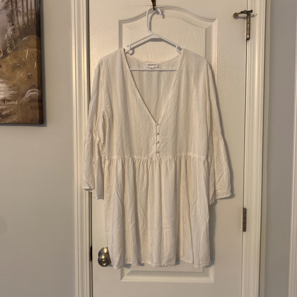 Summersalt White Gold Metallic Stripe V-Neck Bell Sleeve Mini Dress Women Medium